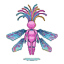 Hovering android with a translucent bubblegum-pink shell, visible chrome skeleton, and flowing fiber-optic "hair" in magenta, teal, and gold. Four detached wings made of iridescent hard-light circuitry in blues and pinks emanate from its back.