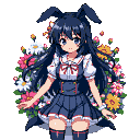 Young anime girl with long dark blue hair, blue eyes, and large floppy dark blue bunny ears, wearing a school uniform and knee-high socks. She stands with arms outstretched in a welcoming gesture, surrounded by a circular arrangement of pixelated pink, white, yellow, and orange flowers with green foliage.