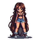 Young woman with dark brown hair, blue eyes, off-the-shoulder top, denim shorts, and boots.