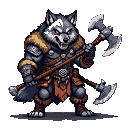 Anthropomorphic wolf barbarian warrior with bared fangs, wearing fur and leather armor, wielding two large chipped battle axes.