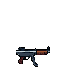 Pixelated submachine gun with wooden grip and foregrip on black background.