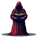 Cloaked figure in crimson and magenta robes, hands glowing cyan, reading an open book against a black background.