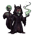 A cloaked squirrel necromancer with glowing red eyes conjures pale green smoke and holds a staff topped with a spectral skull.