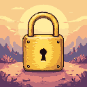 A gleaming golden padlock with a prominent keyhole and shackle, set against a hazy sunset sky with muted purple and orange rolling hills.