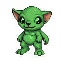 A small, green, cartoony alien with large, curious eyes, pointed ears, a rounded head, and a slightly plump belly smiles innocently. It has blush marks on its cheeks and reddish freckles.