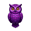 A regal purple owl with large, luminous yellow eyes stands alert against a black background.