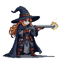 Gunsmith witch with amber hair, wearing a pointed hat and dark cloak, aims a smoking blunderbuss with pixelated fire and sparks.