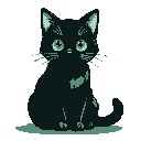 A small, black cat with luminous blue eyes sits serenely, ears perked.