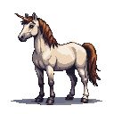 A majestic white unicorn with a deep brown mane and tail, its spiraled horn rising from its forehead.