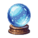 Translucent crystal ball with swirling blue light and star glints, resting on a brown wooden stand against a black background.