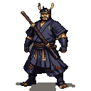 Stoic samurai in dark blue and gold armor with horned helmet, long sword across back, poised for battle.