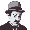 Pixelated portrait of Charlie Chaplin wearing his bowler hat and signature mustache, looking slightly off-camera.