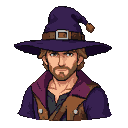 A man with a determined expression wears a deep purple wizard's hat with a brown buckle and frayed tassel, a dark undershirt, a brown vest, and a purple cloak.