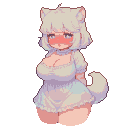 A shy, blushing character with large, sparkling starry eyes, a curvy figure in a short frilly pastel dress, and a fluffy white tail.