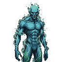 Menacing humanoid water elemental with swirling blue and green translucent body, red eyes, and ethereal water tendrils.