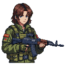 Androgynous figure with brown hair and blue eyes, wearing an olive-drab tactical vest, holding an AK-74M rifle.