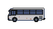 White bus with blue windows and orange flecks on a black background.
