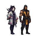 Shinobu Kocho with butterfly hair and patterned haori stands left of Scorpion in black and yellow ninja attire.