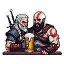 Geralt of Rivia and Kratos laughing and sharing a mug of beer.