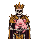 Regal skeleton king in golden crown and ornate armor cradling a plump pink pig.