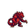 Fearsome red dragon or monstrous lizard with mouth agape, sharp teeth, spiky mane and tail, and prominent musculature.