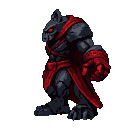 Shadowy creature with a lupine/feline head, glowing red eyes, dark armor, and a crimson sash, standing in profile with a clenched fist.