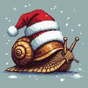 A snail wearing a Santa hat, with pixelated snowflakes falling against a blue-gray background.
