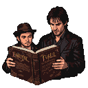 Jack and Tyler Durden, in fedora and with furrowed brow respectively, read a large, ornate, ancient book together, conveying subdued intensity.
