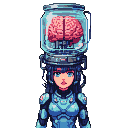 Futuristic girl with a mechanical apparatus holding a transparent jar containing a pink brain on her head, wearing a segmented blue suit.