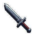 A dark fantasy sword with a deep red hilt, metallic crossguard, and a sharp, gleaming steel blade.