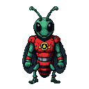 A bug-like hero with an emerald green exoskeleton and a red chest plate with a circular emblem, standing heroically.
