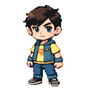 Young boy with spiky dark hair, wearing a yellow t-shirt with an orange emblem, blue vest, and blue pants, with a determined expression.