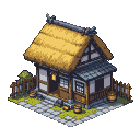 Isometric view of a Japanese thatched-roof house with wooden beams, shoji-like panels, and a glowing lantern, set in a cobblestone courtyard with grass and wooden barrels.
