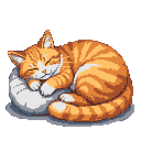 A ginger tabby cat sleeps curled on a light gray cushion against a black background.