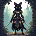 Anthropomorphic black cat assassin in sleek attire with gold accents, gripping dual daggers, with piercing yellow eyes.