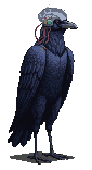 Humanoid raven with a metallic brain-machine on its head, connected by wires.