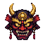A fearsome Japanese oni mask with glowing yellow eyes, sharp white fangs, and prominent golden horns.
