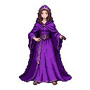 A regal figure in flowing purple robes with golden trim and a jeweled belt, wearing a hooded cloak and a tiara.