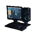 Pixelated gaming setup with a monitor showing a complex interface, a purple-backlit keyboard, and a computer tower with pulsing green and blue internal lights.