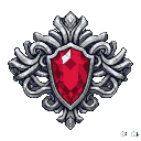 Ornate platinum brooch with a central, shield-shaped Blood Gem glowing deep red.