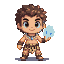 A cartoon cave boy hunter with a leopard print loincloth and crocodile tooth necklace holds a glowing light blue crystal.