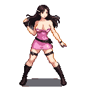 Lithe East Asian assassin with dark hair, wearing a pink strapless mini-dress, black belt with holstered weapon, thigh-high garters, and boots, in a confident, playful stance.