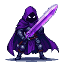 Shadowy figure in dark metallic armor and purple hooded cloak, holding a glowing purple sword. Piercing white eyes are visible within the hood's shadow.