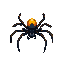A menacing spider with a segmented dark body, spindly legs, and glowing amber eyes, poised on a black background.
