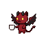 A small, anthropomorphic red cat-like creature with yellow eyes, short horns, and bat wings, holding a steaming white mug.