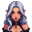 A drow with luminous white hair and piercing red eyes, tongue peeking out playfully. She wears ornate jewelry, including dangling earrings and a choker, with prominent cleavage.