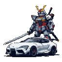 Samurai robot with red and gold accents and two katanas guarding a white and gray Toyota Supra A90.