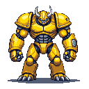 Bipedal mecha with a demonic bull-like head, golden armor, and dark gray mechanical details.