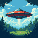 A red and blue flying saucer hovers over a green forest clearing, casting a bright beam of light downwards.