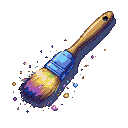 Paint brush with glowing multicolored bristles, scattering luminous pollen-like particles.